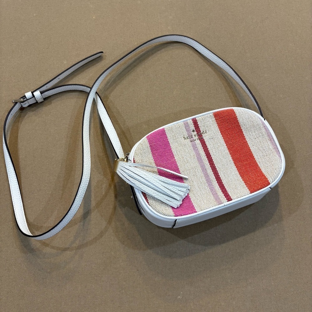 Kate Spade Kourtney Stripe Camera Bag Crossbody Canvas/Pebbled Leather Trim
